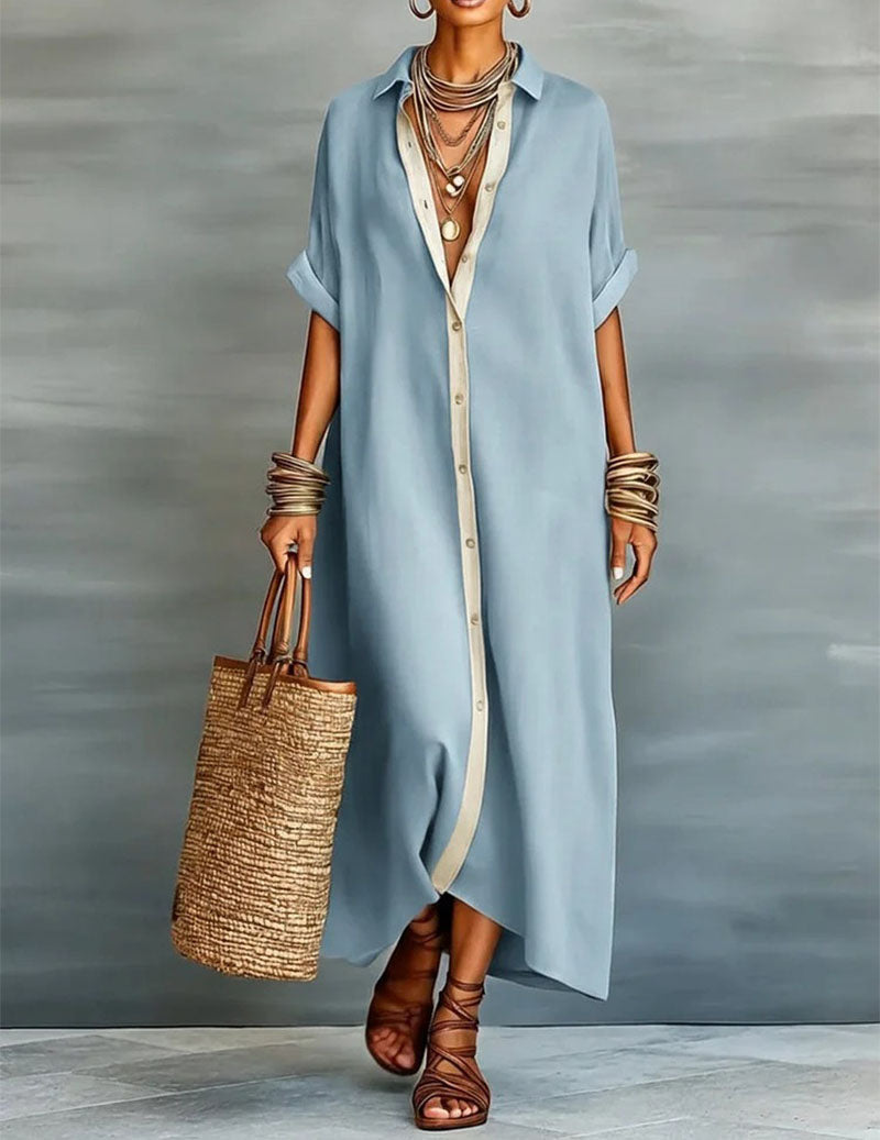 🌷🌷Oversized Button Down Shirt Dress Casual Collared Contrast Dress