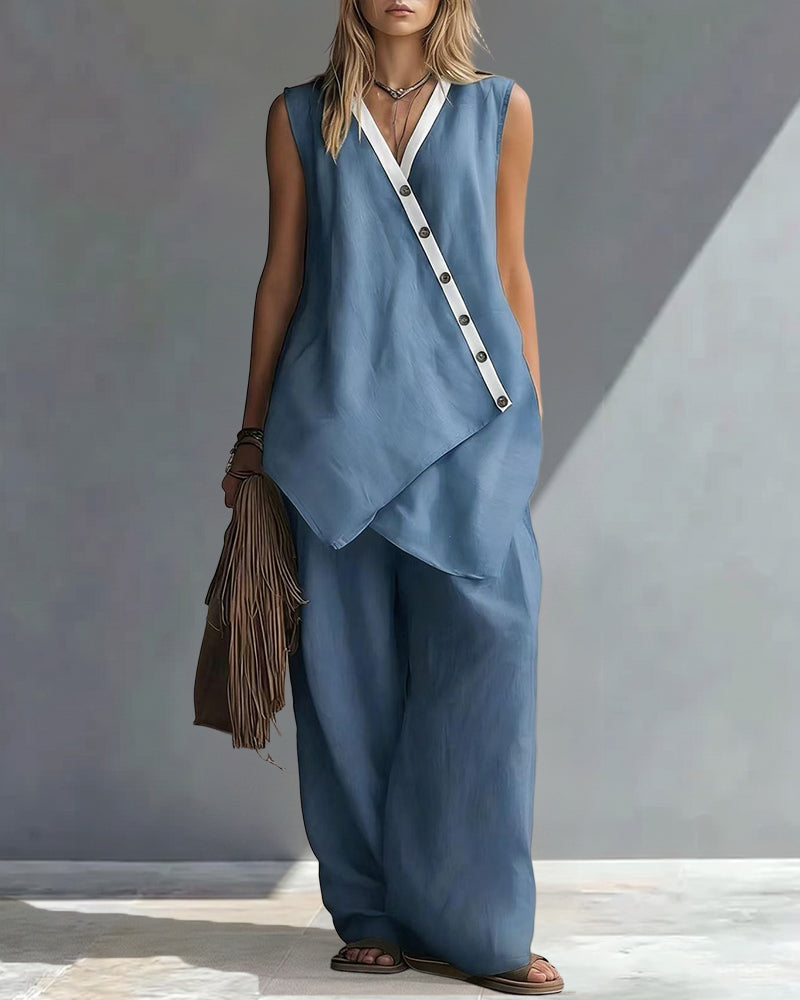 🌷🌷Boho Relaxed Fit Contrast Color Slant Placket Matching Sets