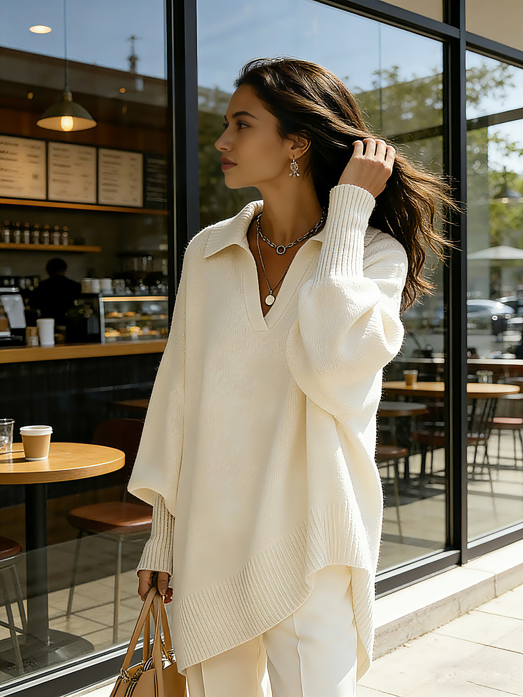 ✨✨Women's Solid Color V-neck Long-sleeved Casual Loose-fitting Knitted Pullover Sweater