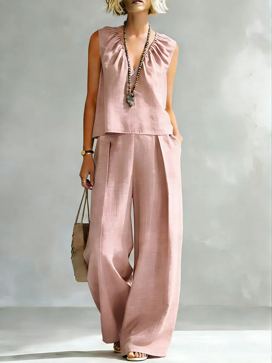 Women's Ruched V-neck Sleeveless Top And Pants Set
