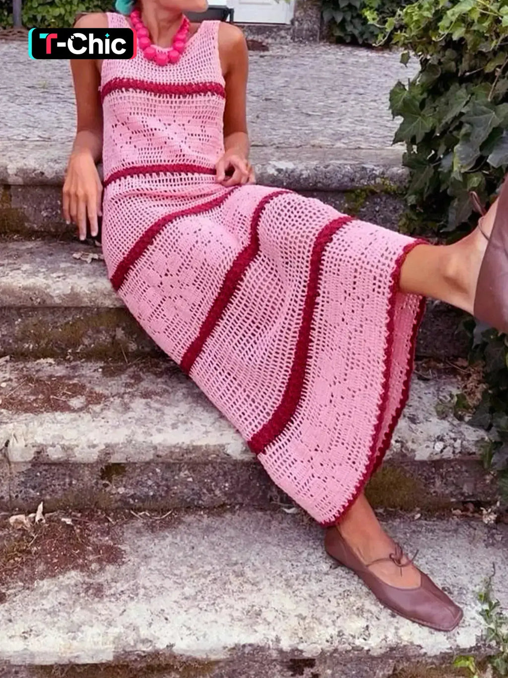 Women's Colorblock Crochet Sweater Dress, Casual Sleeveless Fitted Knitwear for Summer, Fashion Women's Clothing for Daily Wear, Womenswear, Piece