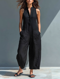 🔥 Women’s Minimalist Linen Blend Sleeveless Jumpsuit 👗✨ Button-Up Stand Collar Loose Fit 🌿