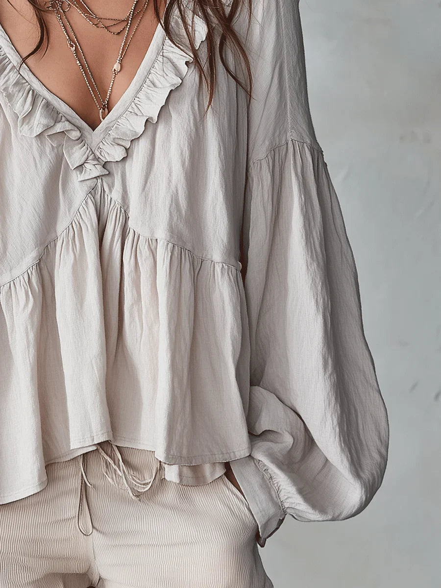 💝💝Women's Solid Color Retro Ruffled Casual Cotton Linen Shirt