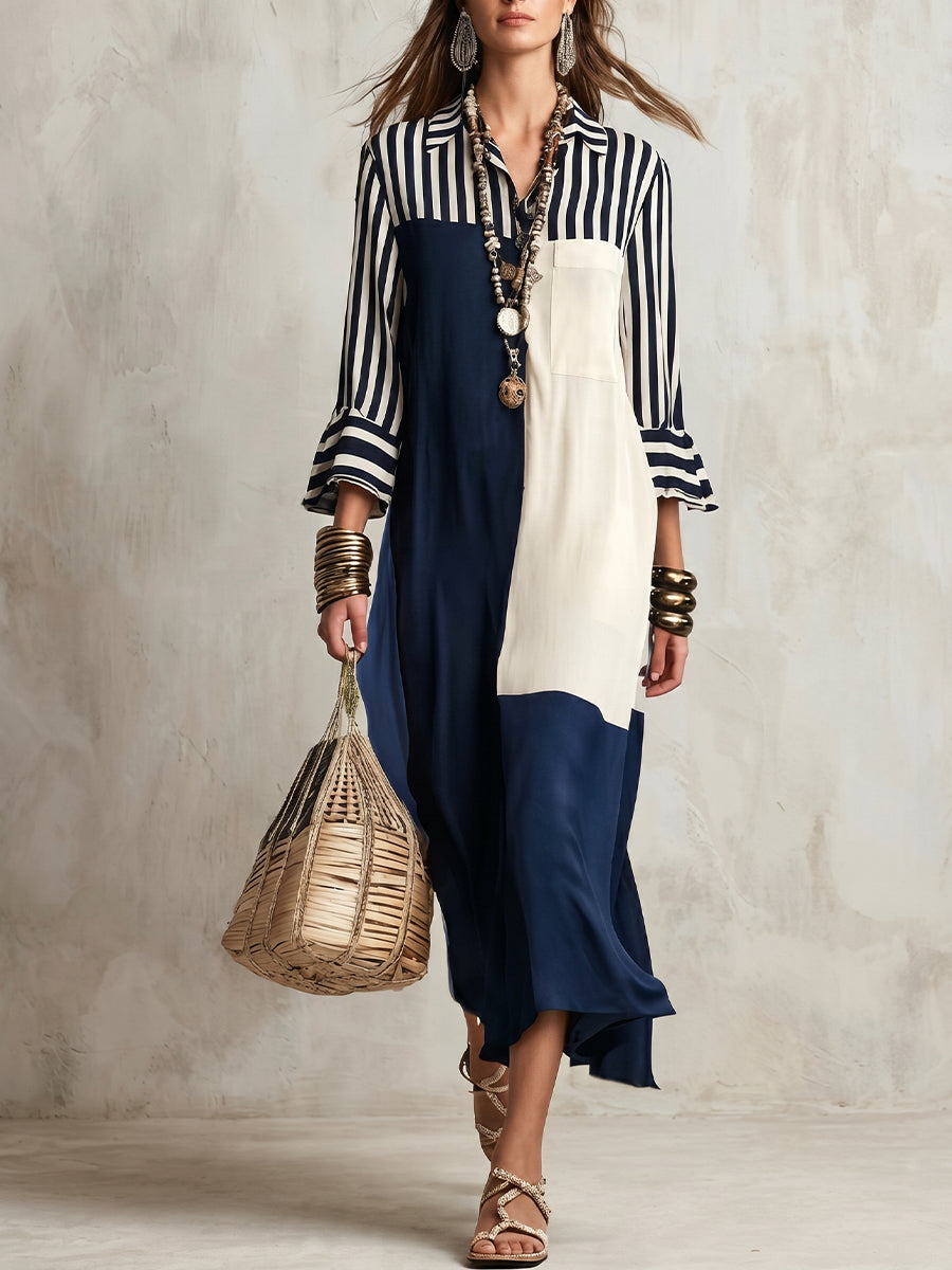 Women's Striped Spliced 3/4 Sleeves dress