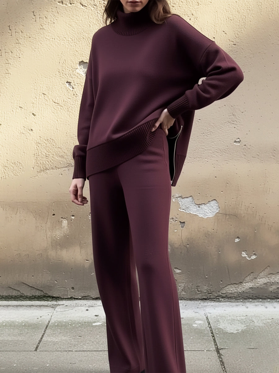✨✨Casual Travel Stand Collar Side Zipper Top Straight Pants Two-Piece Set