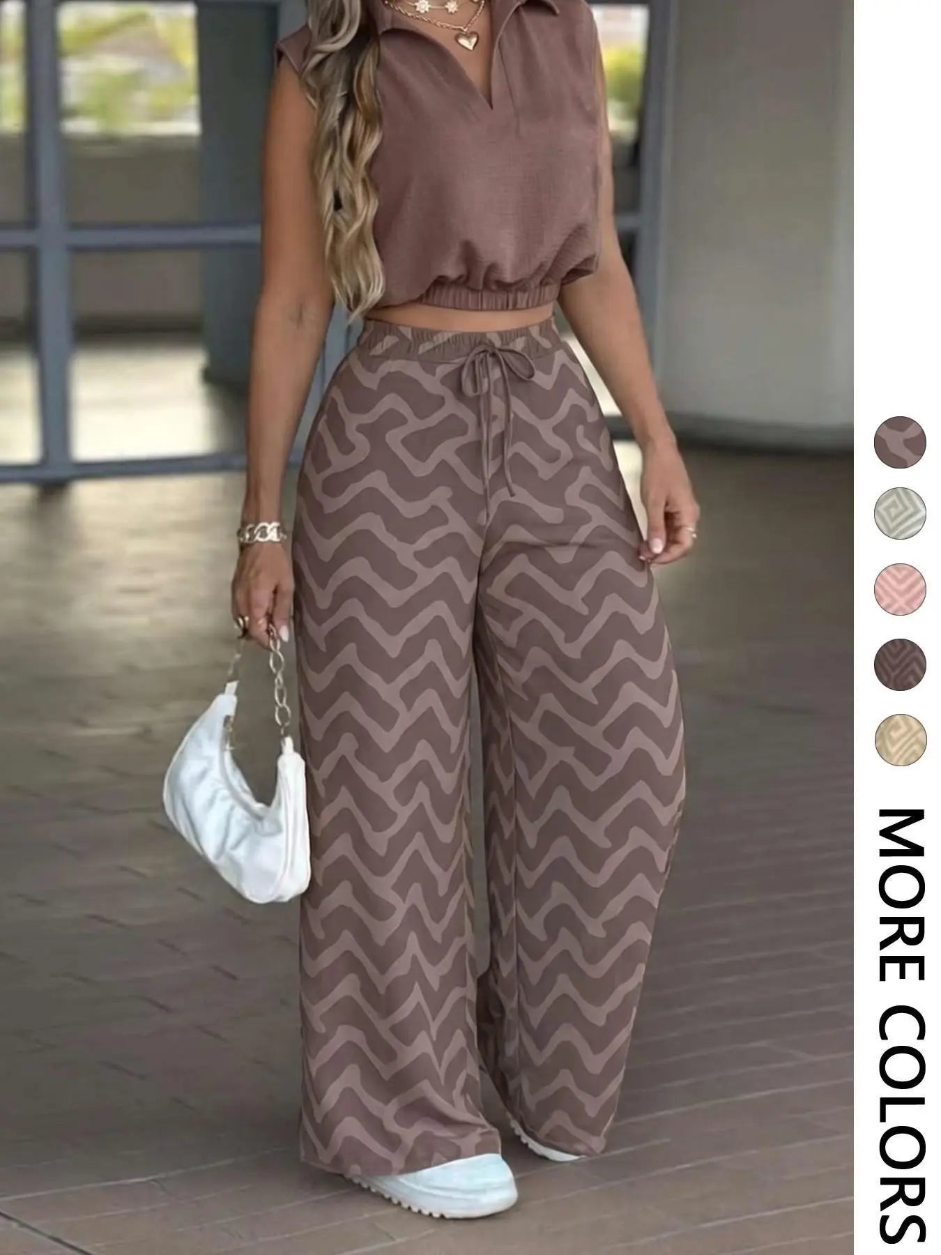 💝💝2-Piece Women's Casual Commuter Set, Womenswear Sleeveless Collared Waist-Defined Top with High-Waisted Drawstring Adjustable Wide-Leg Pants