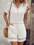💝💝Women's V-neck Short-sleeve Loose-fit Top & High-waisted Wide-leg Shorts Set With Lace Splicing