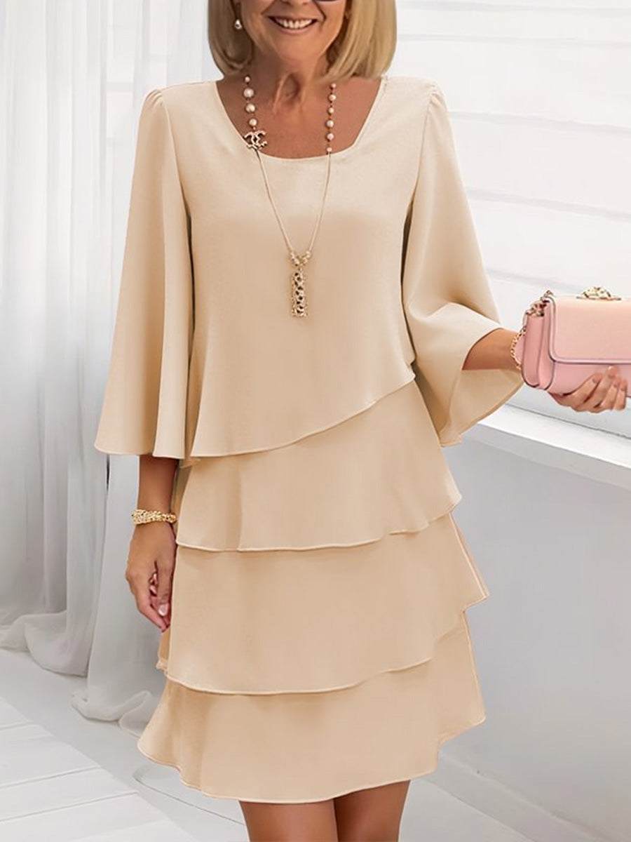 💝💝Women's Solid-color Round-neck 3/4-sleeve Casual Loose Chiffon Dress