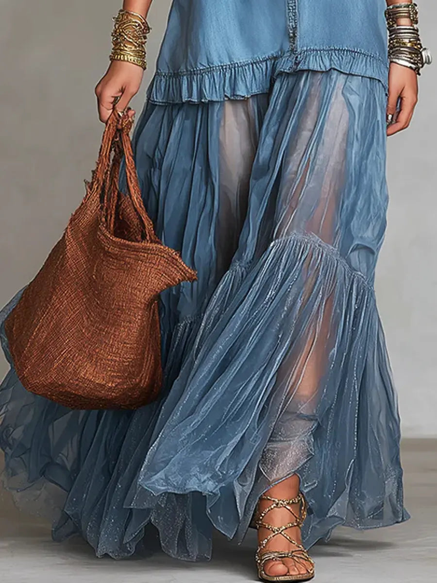 📦📦Mother's Day Sale 49% Off ⏰Women's Retro Lapel Denim Organza Patchwork Art Casual Maxi Dress