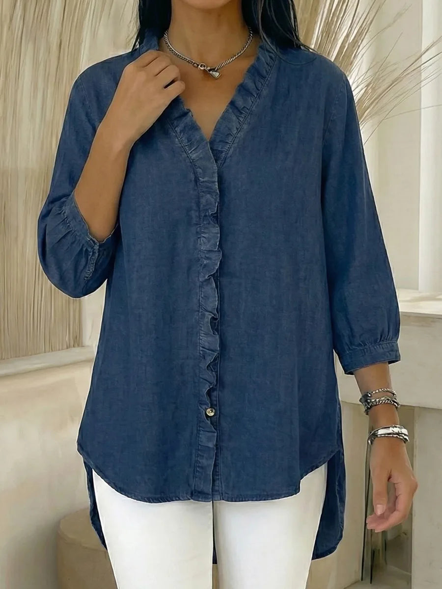 ✨✨Women's Casual Denim V-Neck Ruffled Shirt