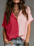 Women's Cozy Minimalist Solid-color Color Blocking V-neck 100% Cotton Shirt