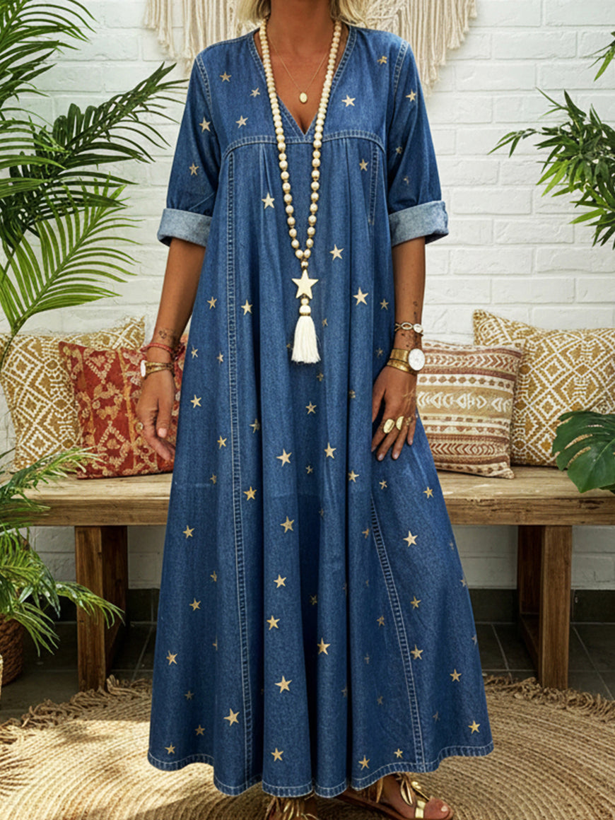 ✨ Free Shipping✨Casual Gold Star Print 100% Cotton Denim Dress