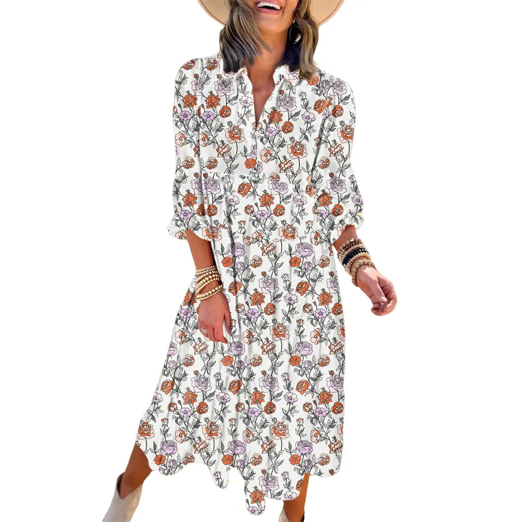 💝💝Dokotoo Women's Casual Bohemian Floral Dress 2026 V-Neck Long Puff Sleeve Midi Dress Soft Fabric Comfortable Summer Dress - Womenswear