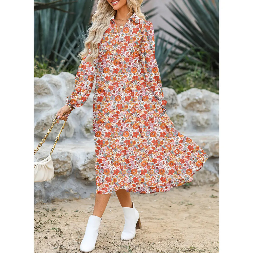 💝💝Dokotoo Women's Casual Bohemian Floral Dress 2026 V-Neck Long Puff Sleeve Midi Dress Soft Fabric Comfortable Summer Dress - Womenswear
