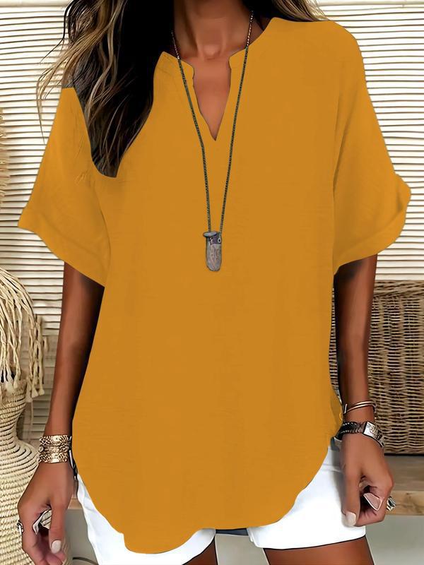 📦📦LAST DAY SAVE 49% ⏰Women's Plain Short Sleeve Blouse, Casual Solid Color Top for Daily Wear, Ladies Clothes for All Seasons