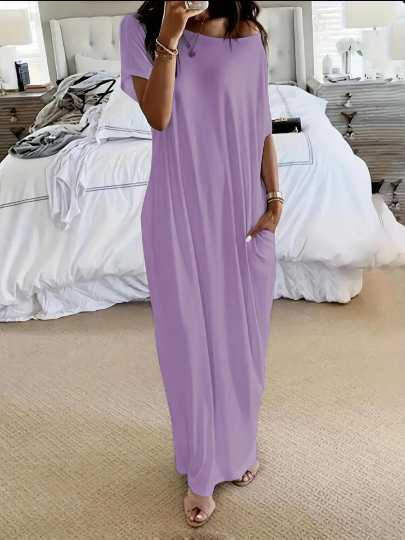 💝💝Women's Solid Color Batwing Sleeve Lounge Dress, Casual Comfy Short Sleeve Nightdress for Daily Wear, Ladies Sleepwear for All Seasons