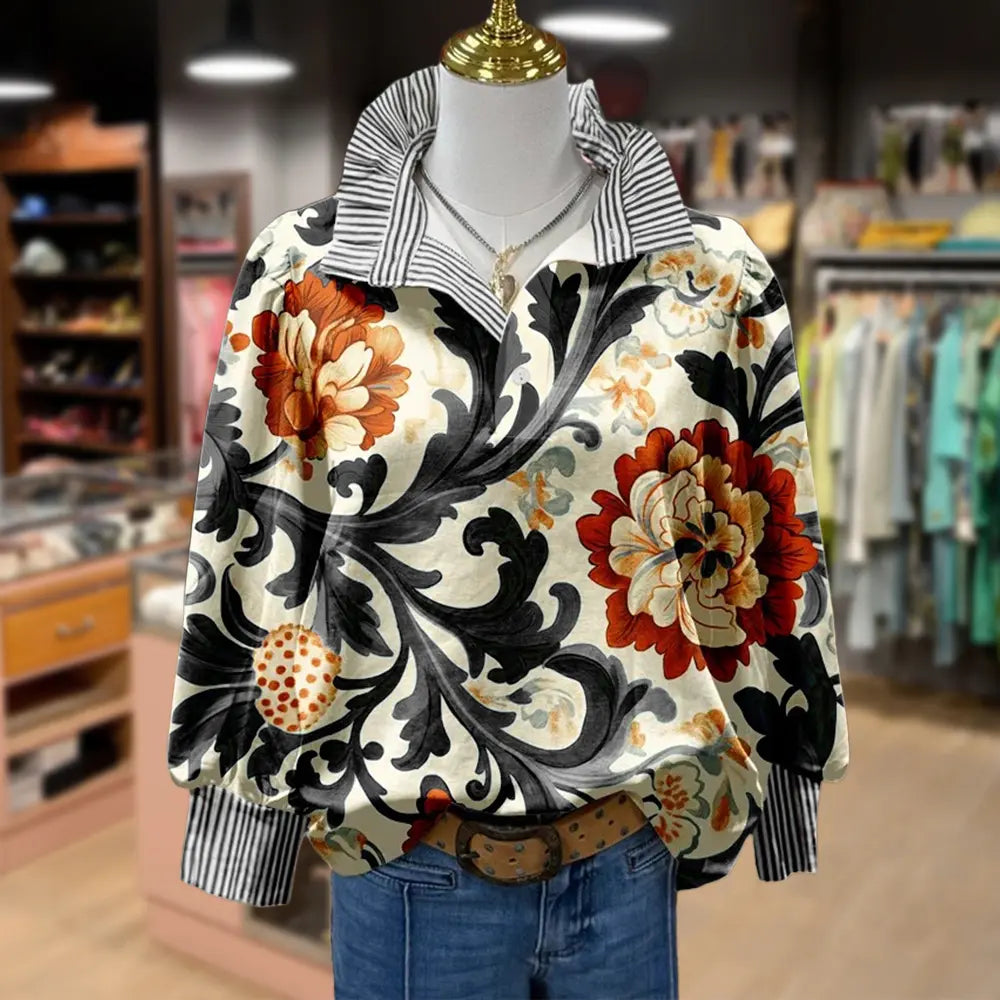 💝💝Cherrybetty Women's Vintage Floral Print Striped Collar Top Going Outfits Blouses 90s Tops Funny Shirts Women Elegant Classy Tops Blouse Classyoutfit Women cute summer outfit boho Casual Style cute summer outfit women's summer outfits