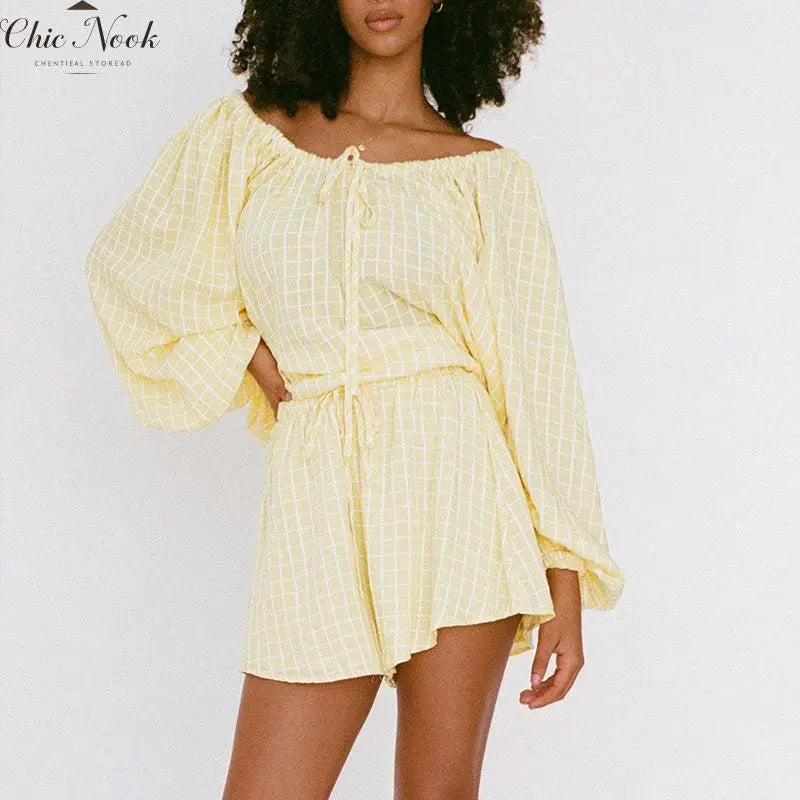 💝💝Women Plaid Outfit, Long Sleeve Tie-up Crew Neck T-shirt with Elastic Waist Shorts Summer Outfit