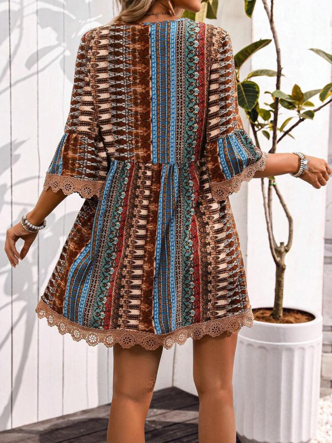 🌷🌷Lace Trim Printed V-Neck 3/4 Sleeve Dress（S-5XL）