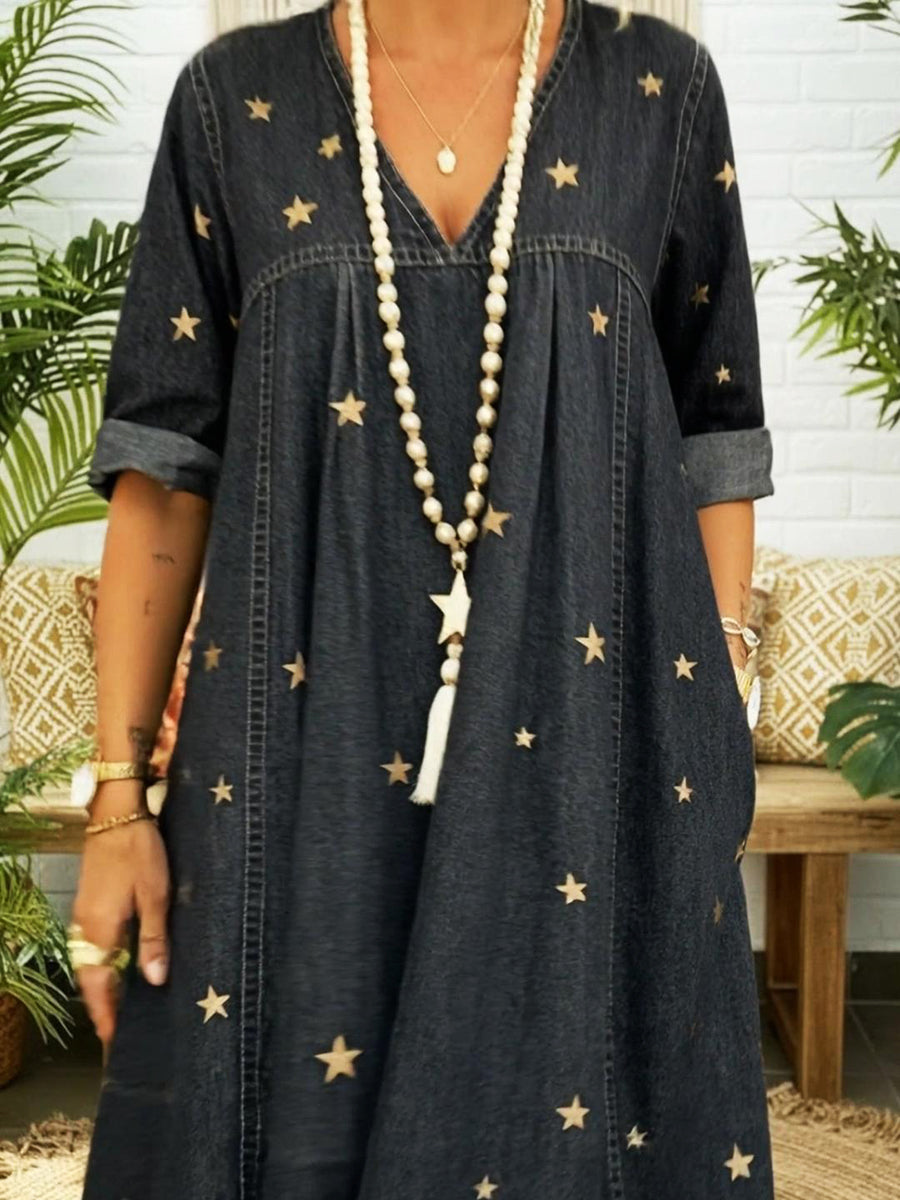 ✨ Free Shipping✨Casual Gold Star Print 100% Cotton Denim Dress