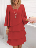💝💝Women's Solid-color Round-neck 3/4-sleeve Casual Loose Chiffon Dress