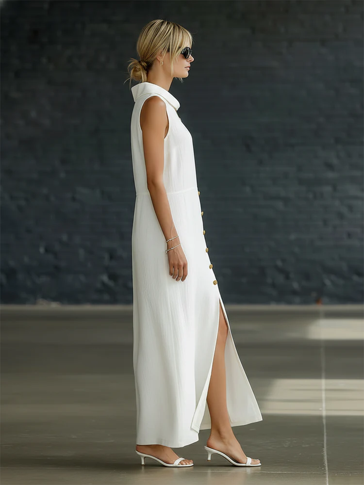 💫 Minimal Linen Dress | Structured Collar, Soft Slit