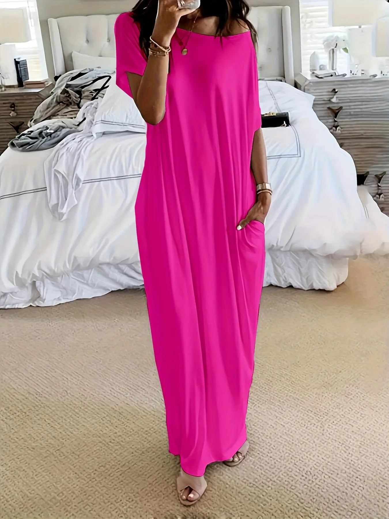 💝💝Women's Solid Color Batwing Sleeve Lounge Dress, Casual Comfy Short Sleeve Nightdress for Daily Wear, Ladies Sleepwear for All Seasons