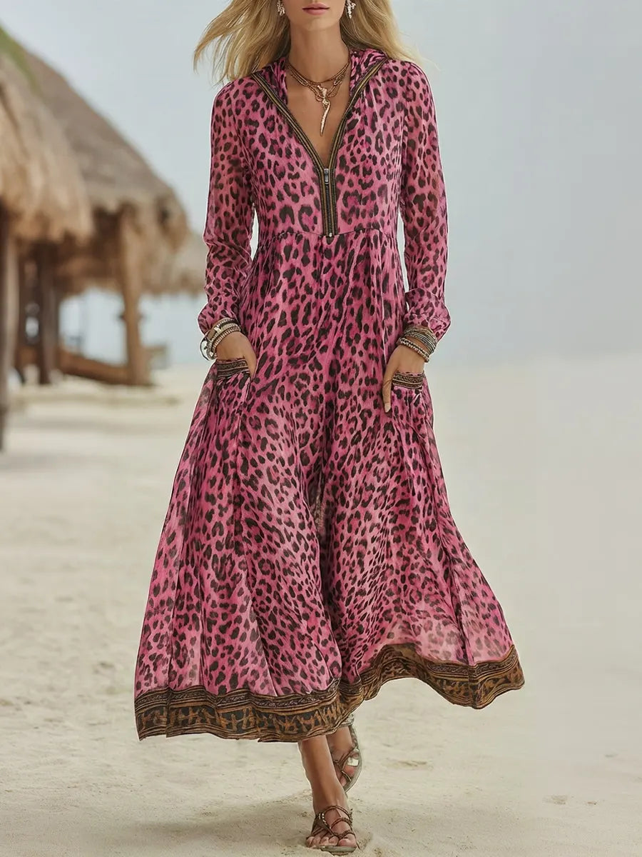 📦📦LAST DAY SAVE 49% ⏰Women's Retro Casual Leopard Print Art Hooded Midi Dress
