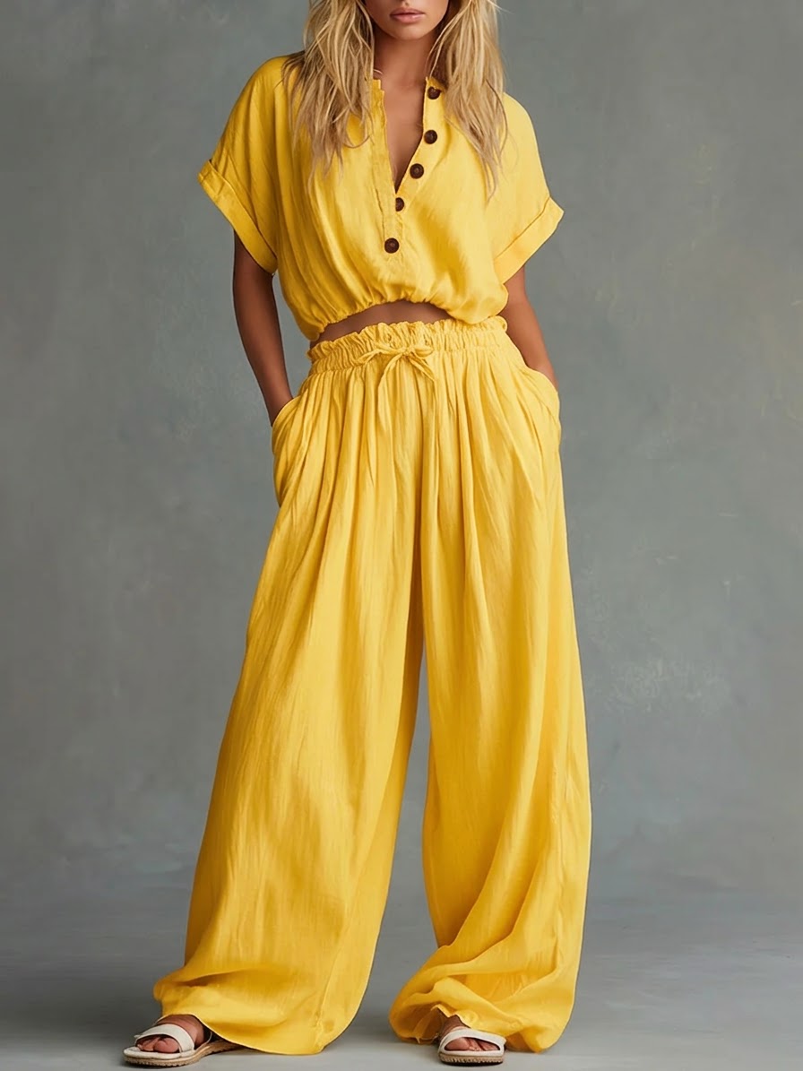 Casual Linen And Cotton Short-sleeved Top And Pants Two-piece Set