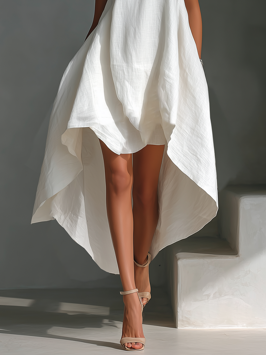 🔥 Women’s White Linen Sleeveless Midi Dress 👗✨ Asymmetric Hem Chic Style 🤍