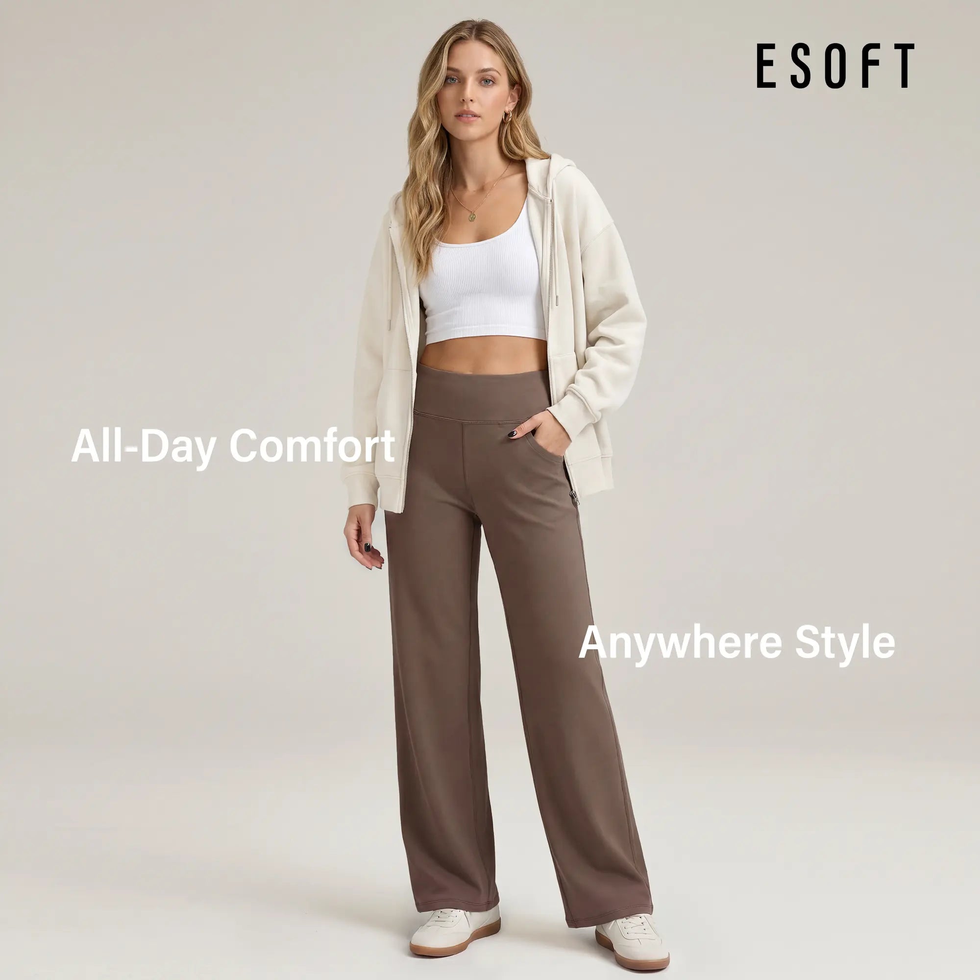 💝💝ESOFT Wide Leg Casual Pants, Women High-Waisted Yoga Pants with Pockets