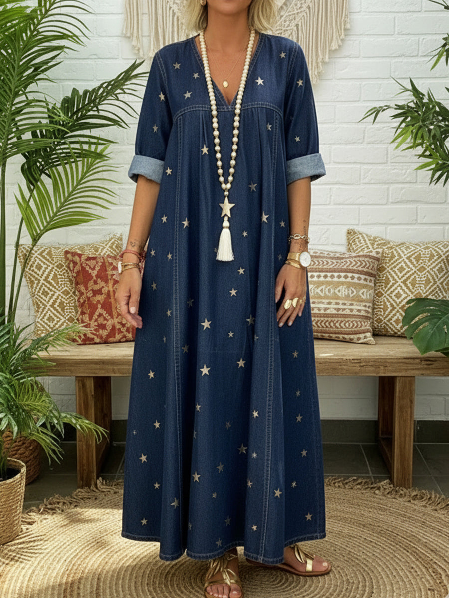 ✨ Free Shipping✨Casual Gold Star Print 100% Cotton Denim Dress