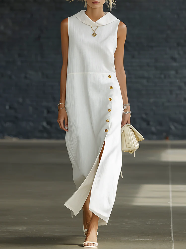 💫 Minimal Linen Dress | Structured Collar, Soft Slit