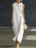 💫 Minimal Linen Dress | Structured Collar, Soft Slit