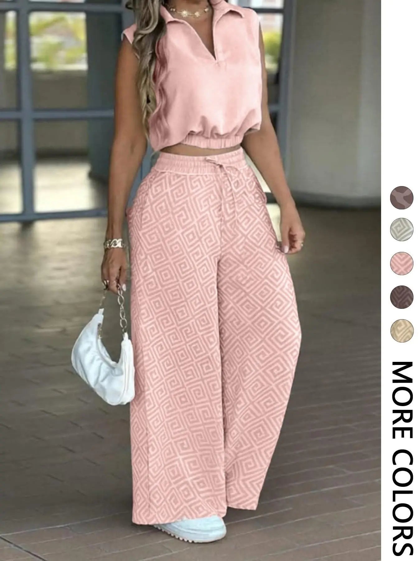 💝💝2-Piece Women's Casual Commuter Set, Womenswear Sleeveless Collared Waist-Defined Top with High-Waisted Drawstring Adjustable Wide-Leg Pants