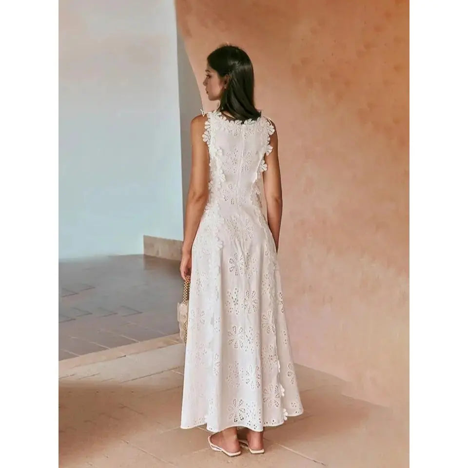 2026 Delicate Lace Hook And Lace Up Sides Maxi Dress - Soft Premium Fabric, Sleeveless, Floral Decorated, Fitted Waist, Perfect for Casual Outings & Beach Vacations weddingguestdress
