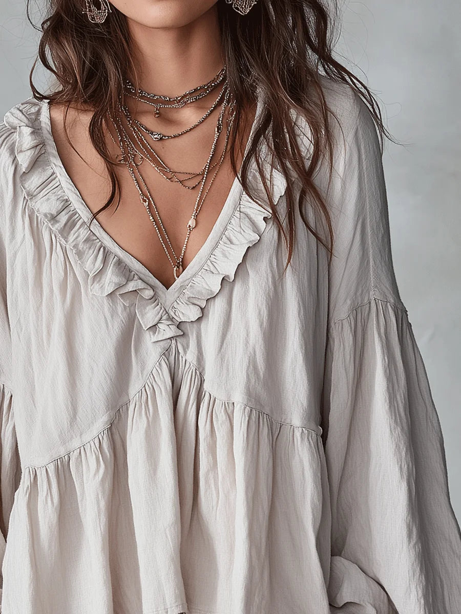 ✨✨Women's Solid Color Retro Ruffled Casual Cotton Linen Shirt