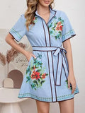 Women's Floral Linen Button Down Wrap Tie Knot Boho Beach Shirt Dress with Belt