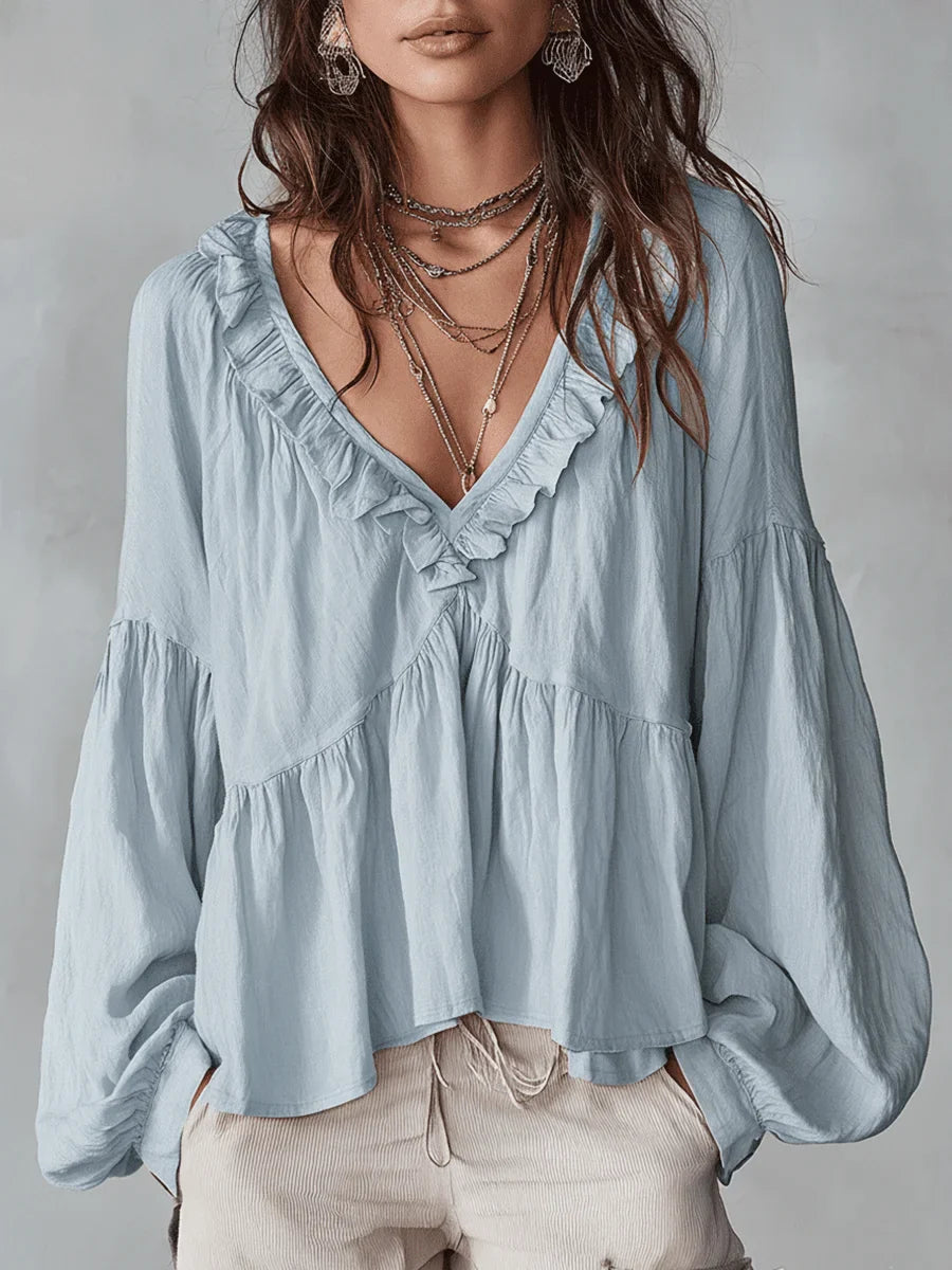 💝💝Women's Solid Color Retro Ruffled Casual Cotton Linen Shirt
