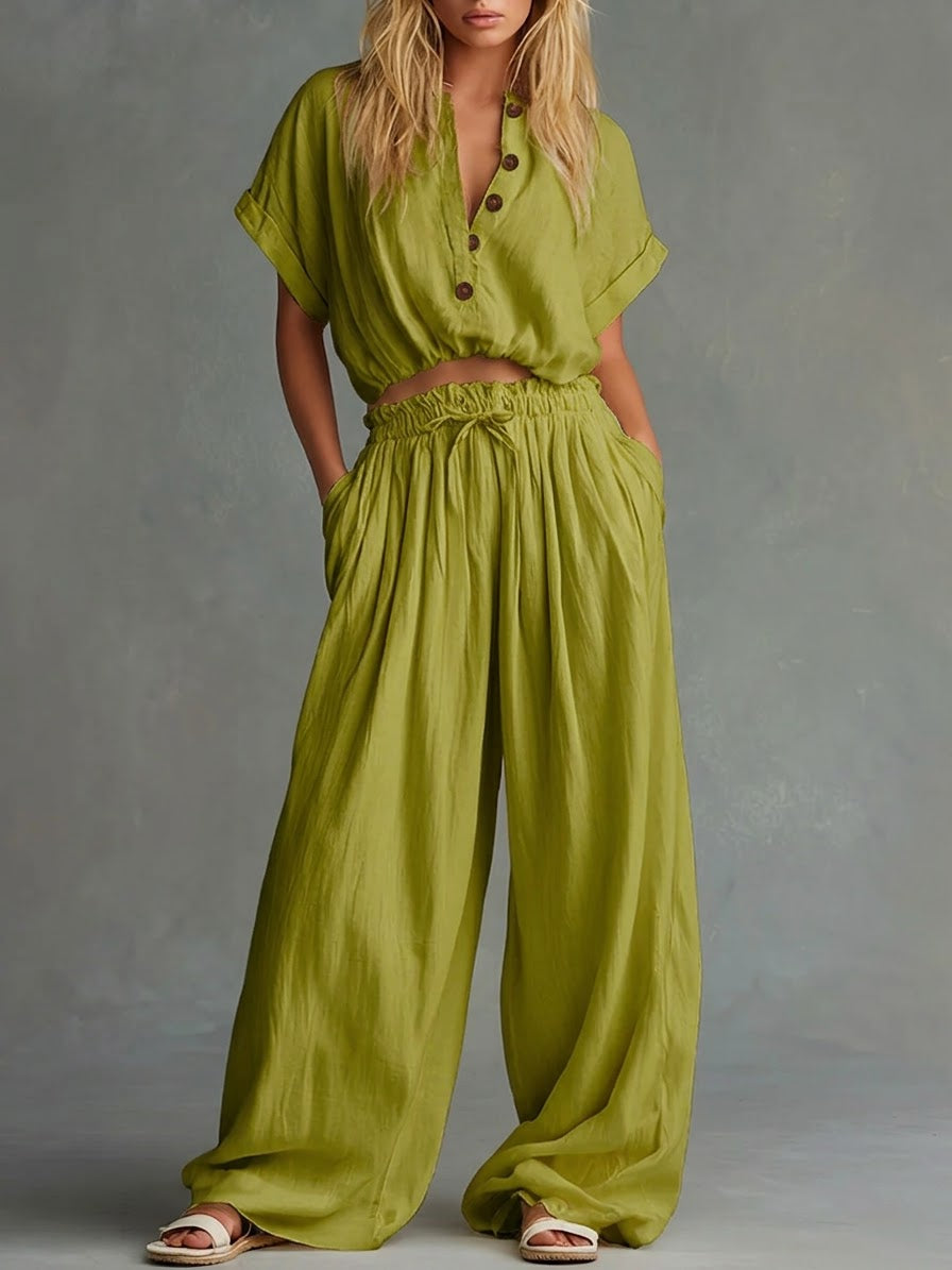 Casual Linen And Cotton Short-sleeved Top And Pants Two-piece Set