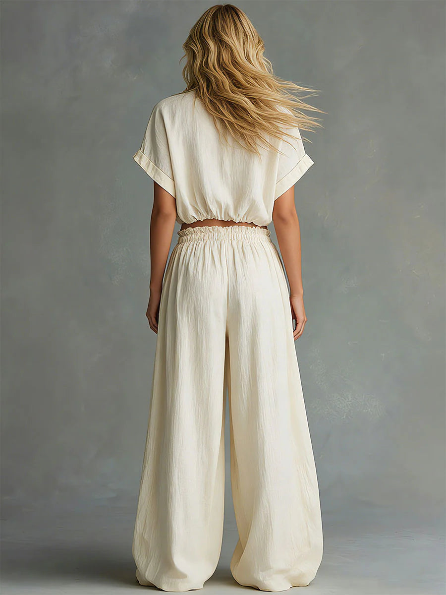 Casual Linen And Cotton Short-sleeved Top And Pants Two-piece Set
