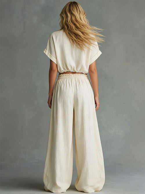 Casual Linen And Cotton Short-sleeved Top And Pants Two-piece Set