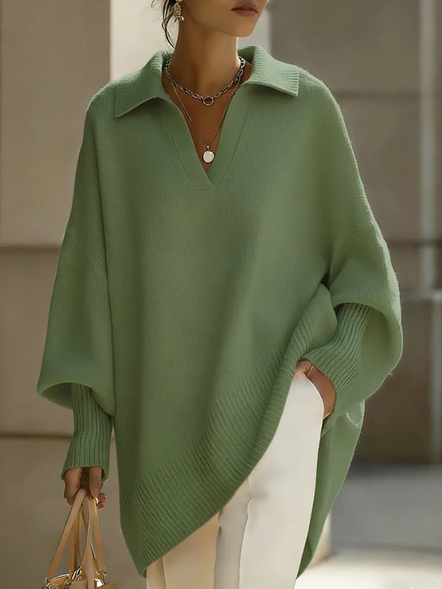 ✨✨Women's Solid Color V-neck Long-sleeved Casual Loose-fitting Knitted Pullover Sweater