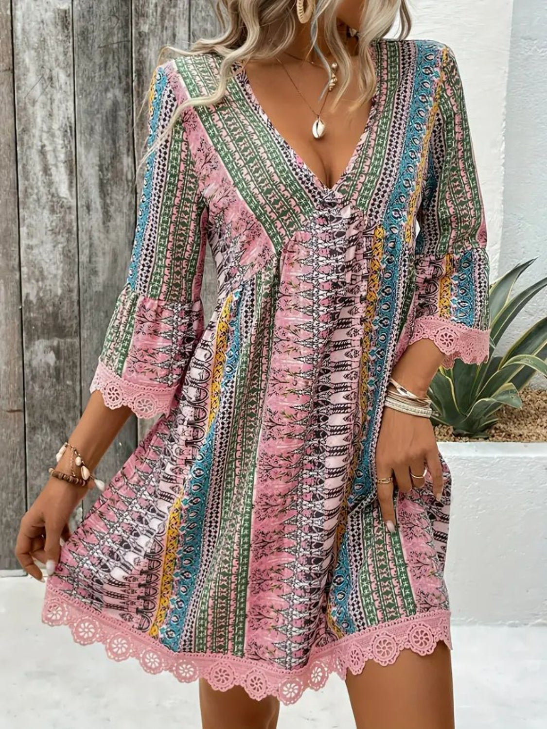 🌷🌷Lace Trim Printed V-Neck 3/4 Sleeve Dress（S-5XL）