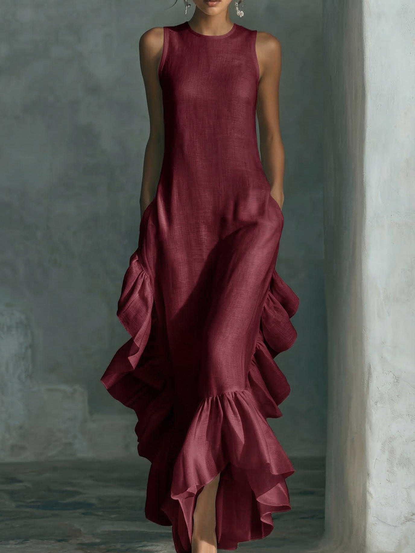 👗✨ Elegant Ruffled Hem Cotton Linen Maxi Dress – Flow & Comfort! 🌿