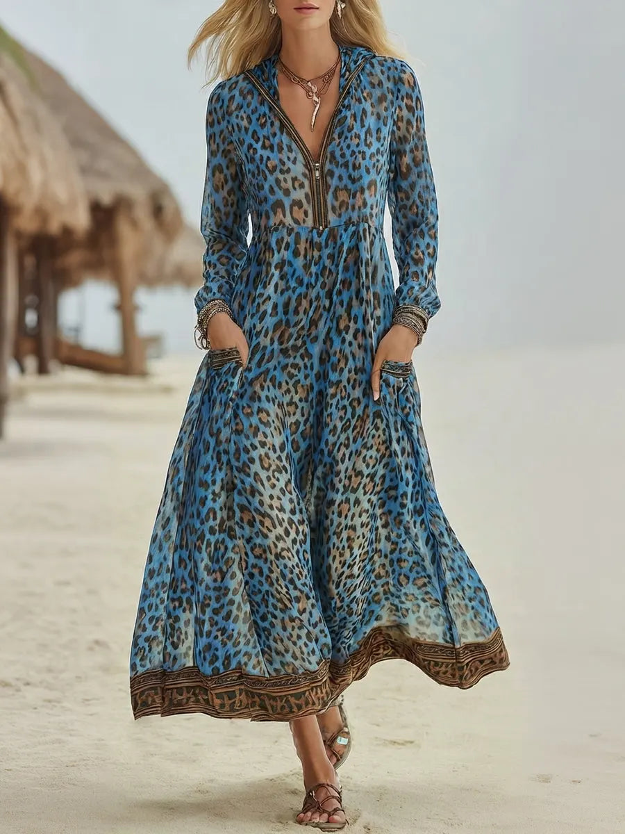📦📦LAST DAY SAVE 49% ⏰Women's Retro Casual Leopard Print Art Hooded Midi Dress