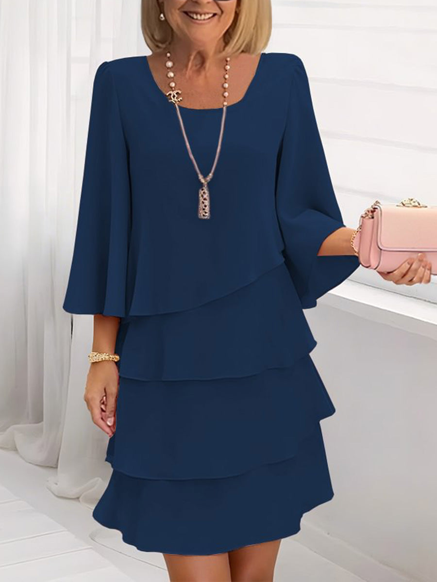 💝💝Women's Solid-color Round-neck 3/4-sleeve Casual Loose Chiffon Dress