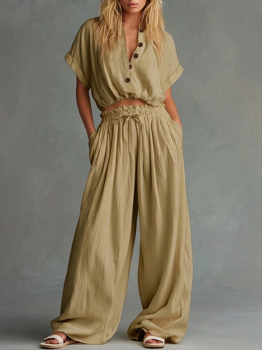 Casual Linen And Cotton Short-sleeved Top And Pants Two-piece Set