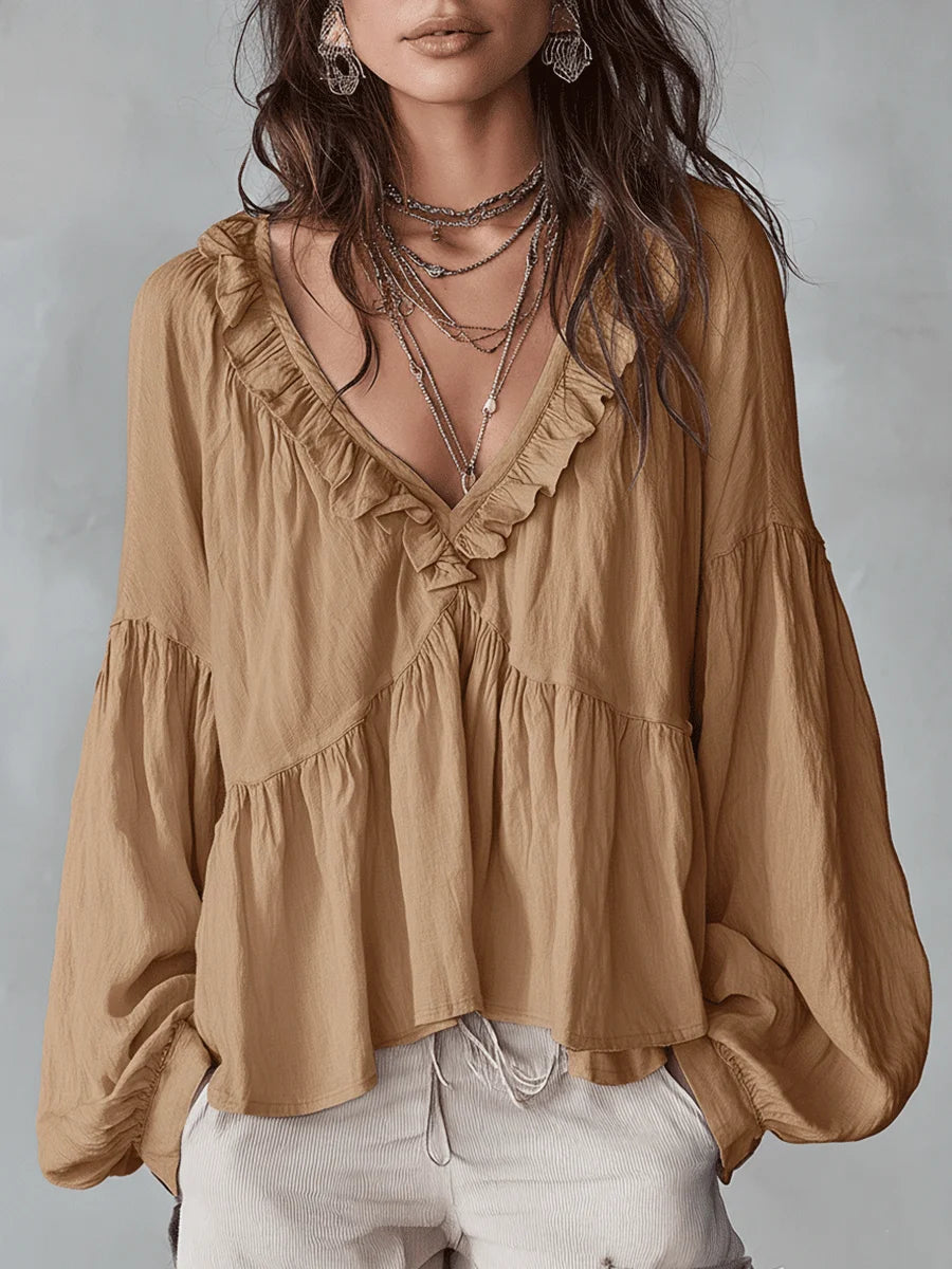 ✨✨Women's Solid Color Retro Ruffled Casual Cotton Linen Shirt