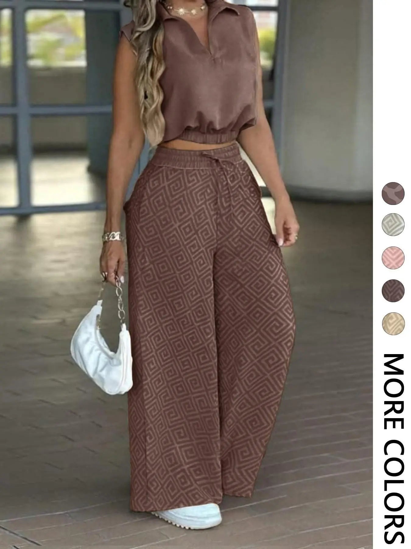 💝💝2-Piece Women's Casual Commuter Set, Womenswear Sleeveless Collared Waist-Defined Top with High-Waisted Drawstring Adjustable Wide-Leg Pants